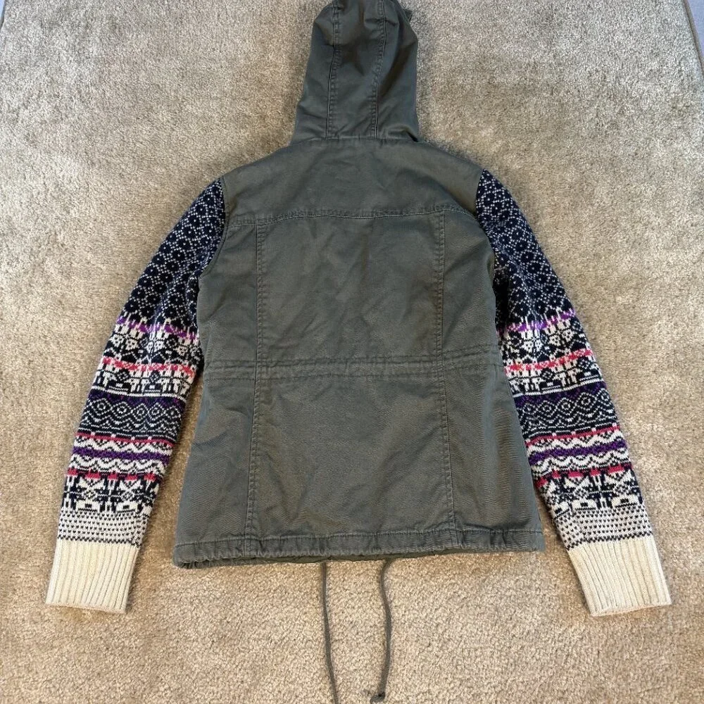 Aeropostale Womens Size M Jacket Green Canvas Hooded Sweater Sleeves Cotton